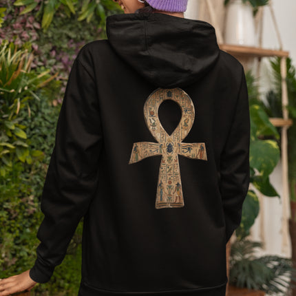 Black hoodie featuring a detailed Ankh hieroglyph print, symbolizing eternal life and ancient Egyptian culture.