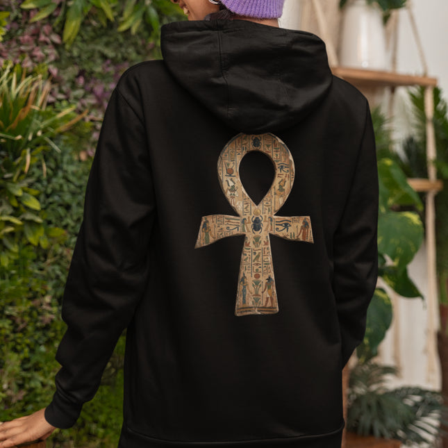 Black hoodie featuring a detailed Ankh hieroglyph print, symbolizing eternal life and ancient Egyptian culture.