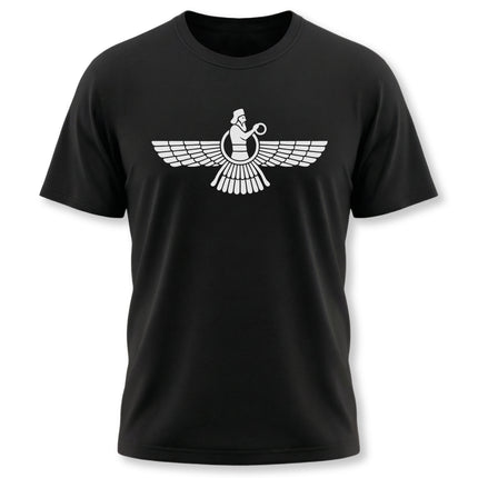 Black t-shirt featuring the Faravahar symbol. Zoroastrian winged mystical figure design.