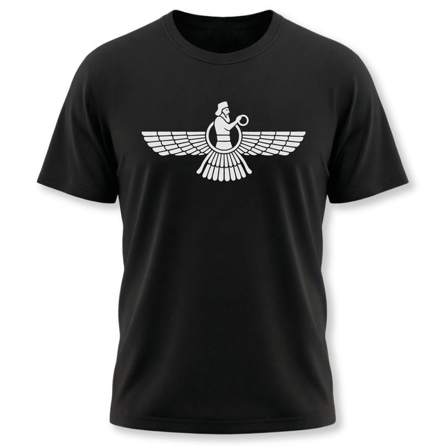 Black t-shirt featuring the Faravahar symbol. Zoroastrian winged mystical figure design.
