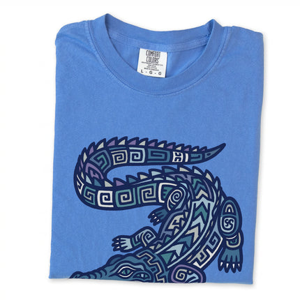 Mayan tribal crocodile graphic print on a unisex t-shirt featuring indigenous animal art.