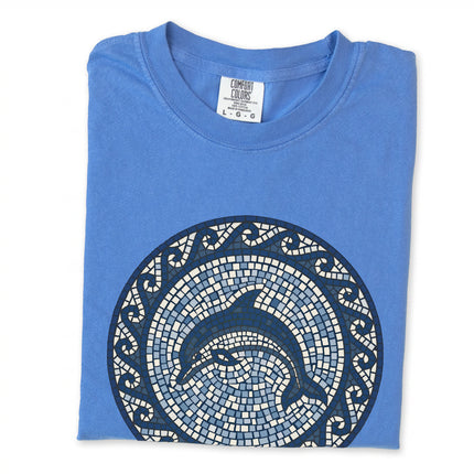 Blue dolphin mosaic t-shirt featuring marine sea life and classic Greek key pattern design.