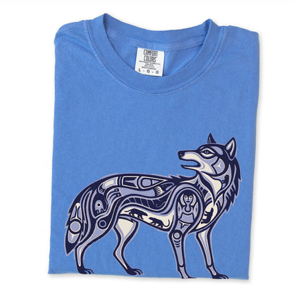 Tribal wolf symbol tee shirt with Inuit inspired animal graphic design print.