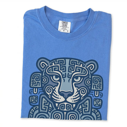 Mayan jaguar tribal art graphic printed on a comfortable t-shirt. Ancient Mesoamerican style design tee.