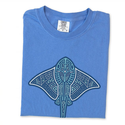 Mayan stingray tribal blue geometric ocean animal unisex t-shirt design.