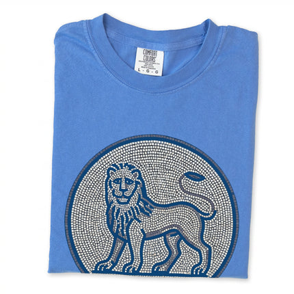Ancient mosaic blue grey lion graphic t-shirt design.