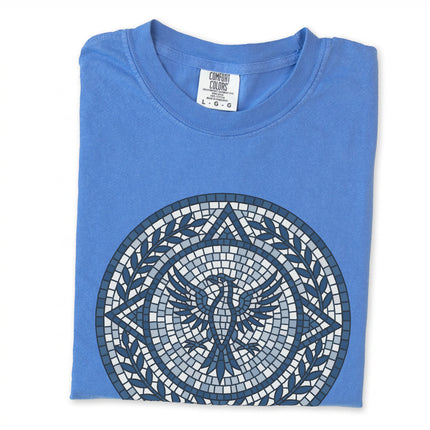 Blue mosaic phoenix graphic tee featuring Roman style mythological bird art on a t-shirt.