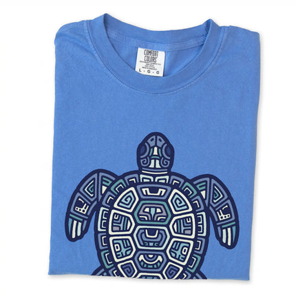 Geometric Mayan tribal art green sea turtle t-shirt graphic tee shirt design.