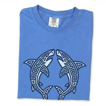 Mayan sharks tribal geometric graphic tee shirt with ocean life design print.