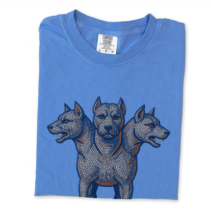 **Option 1 (Most Descriptive & Keyword Rich):**
Cerberus three-headed dog mosaic graphic tee inspired by Greek mythology.

**Option 2 (Focus on Style/Art):**
Mosaic art design featuring Cerberus, the mythological guardian dog t-shirt.

**(Character Count Check: Both options are well under the 125-character limit.)**
