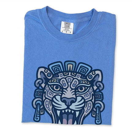 Mayan jaguar head tribal art graphic printed on comfort colors t-shirt design.