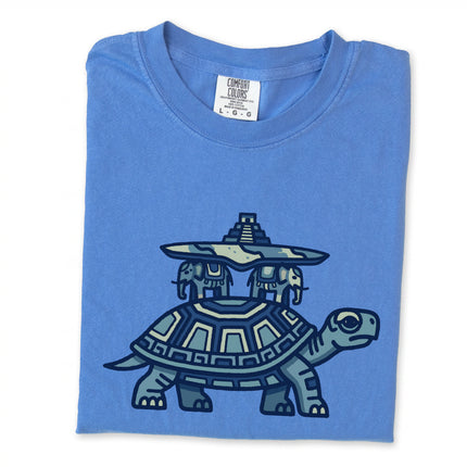 World Turtle and Mayan Temple graphic printed on a mythological t-shirt design.