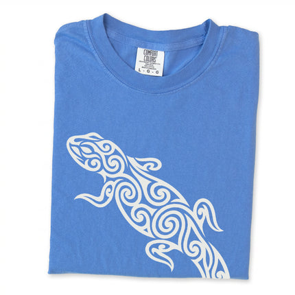 Tribal lizard swirl graphic printed on a comfy unisex t-shirt.