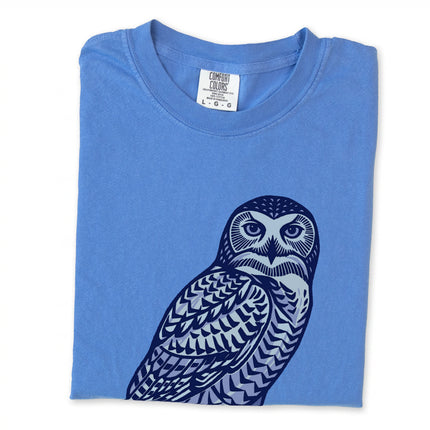 Arctic geometric owl graphic tee featuring Inuit-inspired arctic bird patterns.