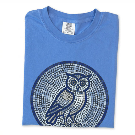 Mosaic geometric owl graphic tee in blue and gray tones.
