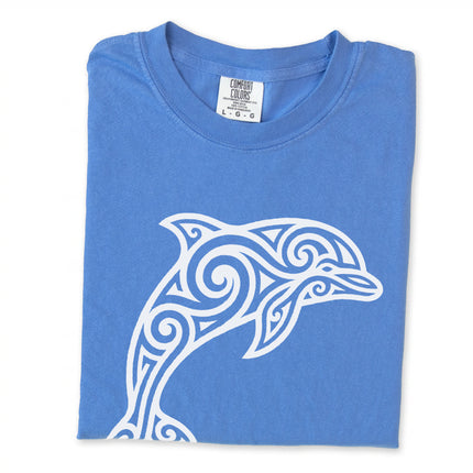 Tribal dolphin swirl graphic art printed on an ocean animal t-shirt.