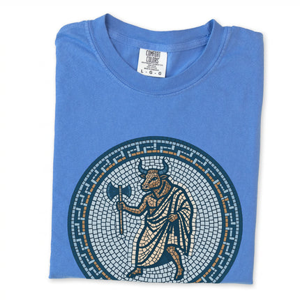 Mosaic Minotaur design featuring Greek mythology and the Labyrinth on a comfortable t-shirt tee.