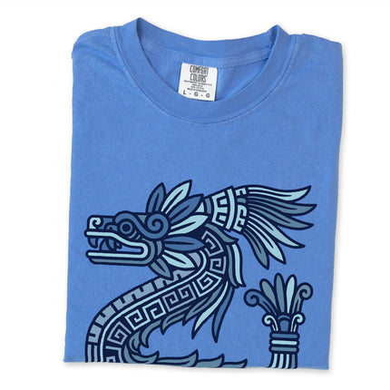 Quetzalcoatl feathered serpent graphic tee shirt featuring Aztec and Mayan mythology art.