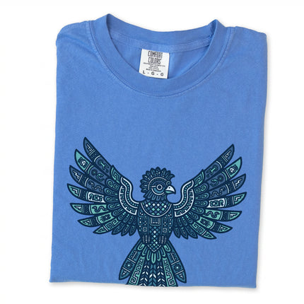 Geometric tribal eagle spirit animal design with Mayan and Aztec patterns on a t-shirt.