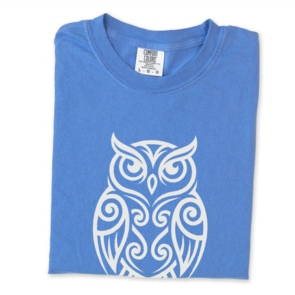 Tribal owl graphic with intricate Celtic knots printed on a unisex wisdom tee shirt.
