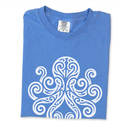 Celtic tribal octopus kraken graphic t-shirt featuring swirling mythological sea creatures.