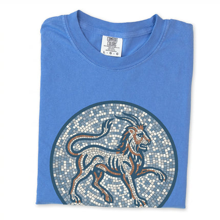 Mosaic chimera design featuring mythological blue lion and goat elements on a unisex tee shirt.