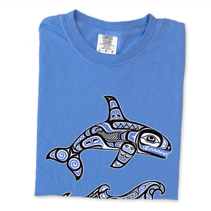 Haida formline art killer whale and wave design t-shirt featuring an orca motif.