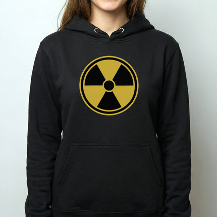 Yellow radioactive symbol graphic on a black unisex hoodie.