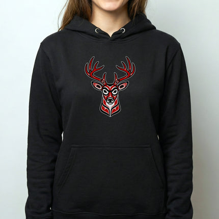 Red Tribal Deer Head Hoodie | Indigenous Art Stag Antlers Pullover Hoodie