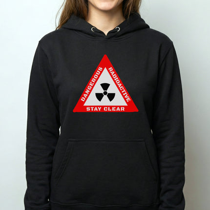 Black hoodie featuring a red radioactive hazard warning sign reading "Dangerous Radioactive Stay Clear.