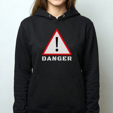 Black hoodie featuring a bold red danger warning sign and exclamation mark graphic.