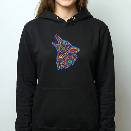 Huichol Wolf Hoodie | Vibrant Mexican Folk Art Howling Unisex Pullover Hoodie
