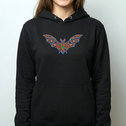 Huichol Bat Hoodie | Colorful Mexican Indigenous Folk Art Pullover Hoodie