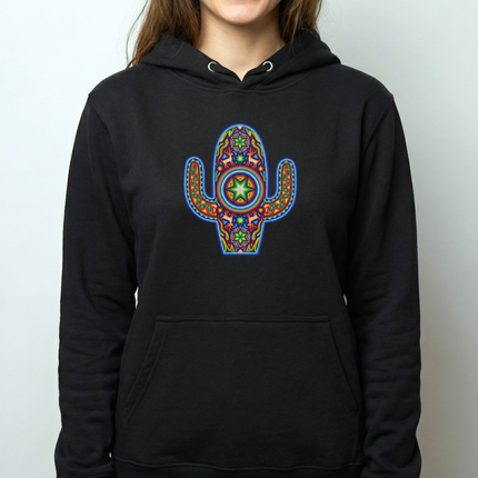 Huichol Cactus Hoodie | Vibrant Mexican Indigenous Art Pullover Hoodie