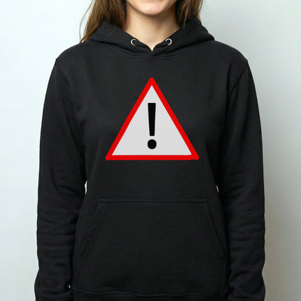 Black hoodie featuring a red triangular warning sign and a bold exclamation point graphic.