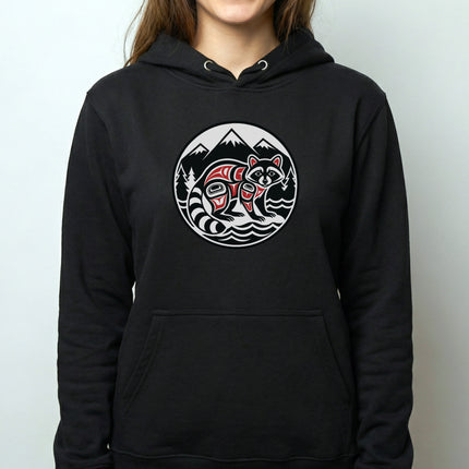 Raccoon Indigenous Art Hoodie | PNW Mountains Forest Wildlife Pullover Hoodie