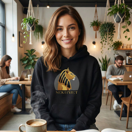 Sekhmet Hoodie | Egyptian Lion Goddess Graphic and Text Unisex Pullover V2