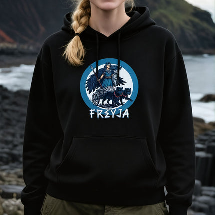 Freyja Norse Goddess graphic on a black hoodie featuring a chariot and mythical beasts.