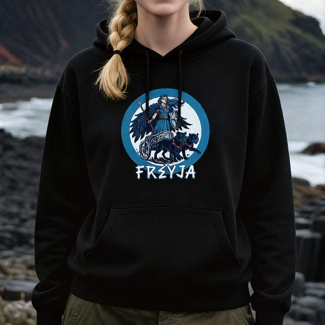 Freyja Norse Goddess graphic on a black hoodie featuring a chariot and mythical beasts.