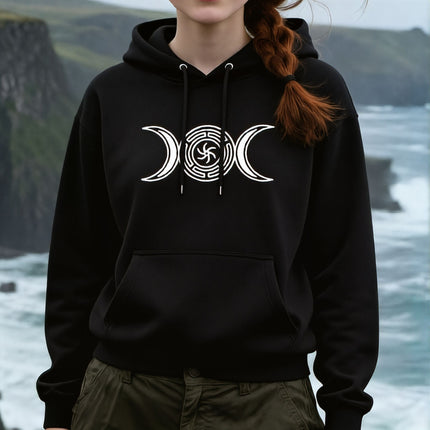 Black witch hoodie featuring the Hekate's Wheel triple moon goddess symbol graphic.