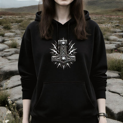 Black hoodie featuring a stylized Mjolnir hammer graphic with Norse thunder and lightning.