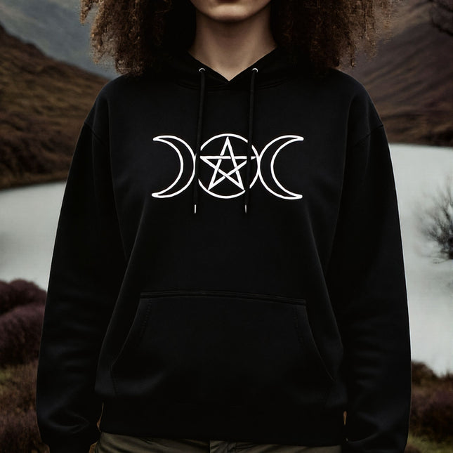 Wiccan Triple Moon & Pentagram Hoodie | Unisex Pentacle Pullover V1