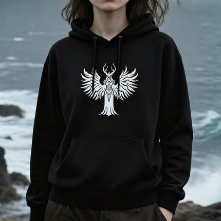 Norse Valkyrie winged warrior symbol graphic on a black pullover hoodie.
