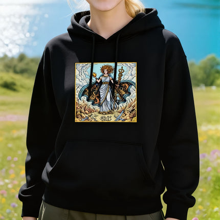 Greek Mythology Eris Goddess of Discord graphic on a black pullover hoodie.