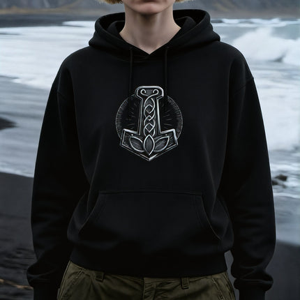 Norse Mjolnir hammer graphic on a black hoodie featuring Viking knotwork.