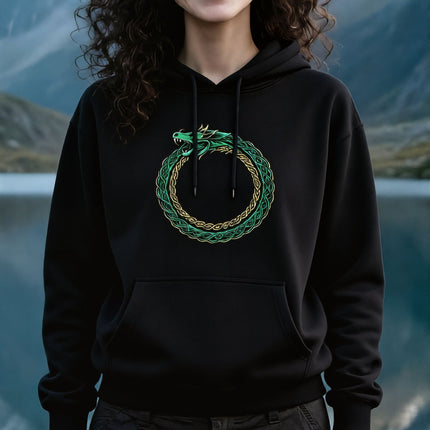 Norse Ouroboros dragon knotwork hoodie in green and gold.