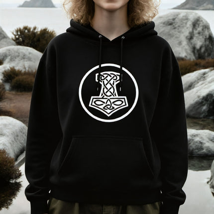 Viking knotwork hoodie with a white Mjolnir and Norse mythology graphic.
