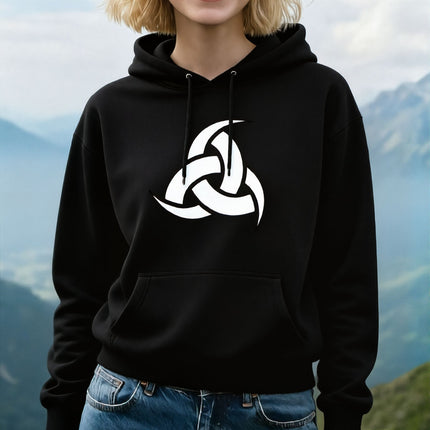 Odin's Horns Norse symbol graphic on a black Viking mythology hoodie.