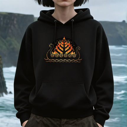 Fiery Viking longship graphic on a black hoodie, featuring Norse mythology art.