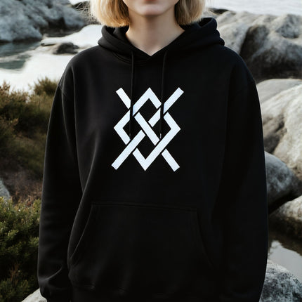 Black hoodie featuring a white Norse knotwork symbol, referencing Odin's Gungnir spear.